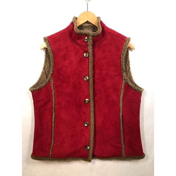 L.L. Bean Faux Sherpa Lined Suede Vest Red Tan Button Front Outdoors Women's L - Picture 1 of 5